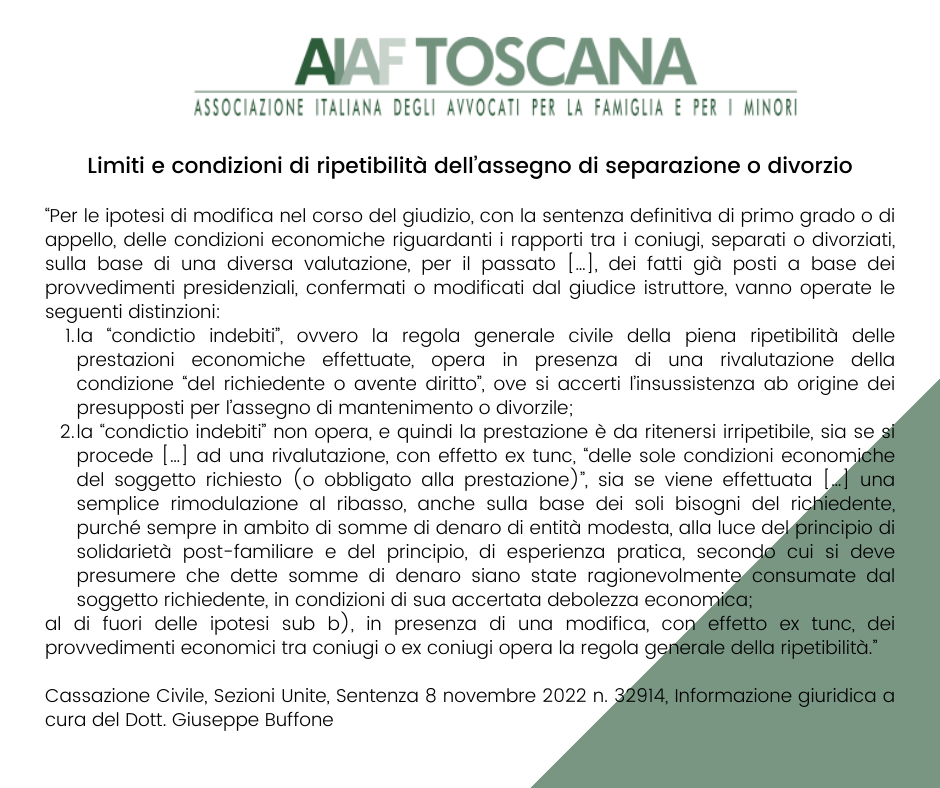 Rassegna giurisprudenziale: Limiti e condizioni di ripetibilità dell’assegno di separazione o divorzio